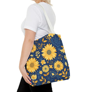 Sunflower Pattern Tote Bag - Navy Floral Canvas - Dipaliz - Bags