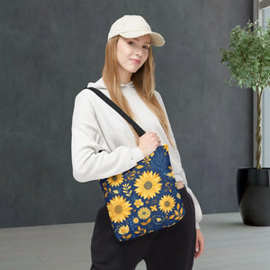 Sunflower Pattern Tote Bag - Navy Floral Canvas - Dipaliz - Bags