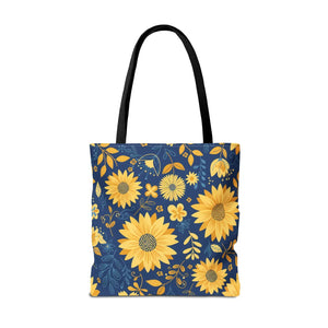 Sunflower Pattern Tote Bag - Navy Floral Canvas - Dipaliz - Bags