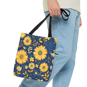 Sunflower Pattern Tote Bag - Navy Floral Canvas - Dipaliz - Bags