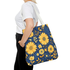 Sunflower Pattern Tote Bag - Navy Floral Canvas - Dipaliz - Bags