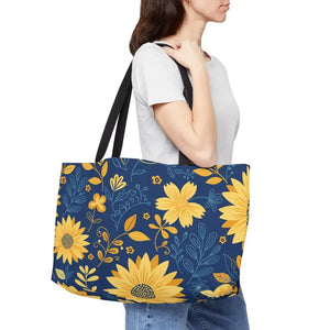 Bags - Sunflower Weekender Tote Bag - Navy Floral Travel Beach - Dipaliz 24’’ × 13’’