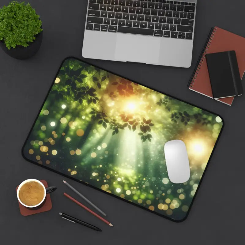 Transform your Workspace with a Sunlit Forest Neoprene Desk Mat - Home Decor