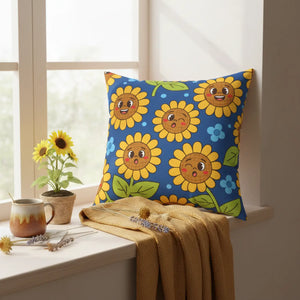DipaliZ sunny smiles pillow with large smiling cartoon sunflowers