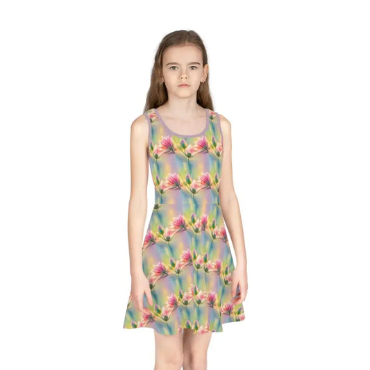 Vibrant Floral Girls’ Sleeveless Sundress for Summer Fun - Seam Thread Color Automatically Matched to Design / 2t All