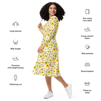 Sunshine Yellow Floral Long Sleeve Midi Dress Magic - Dresses