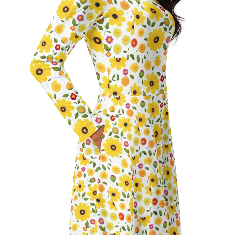 Sunshine Yellow Floral Long Sleeve Midi Dress Magic - Dresses