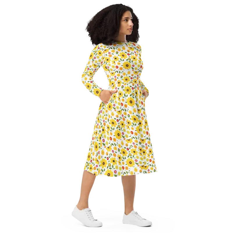 Sunshine Yellow Floral Long Sleeve Midi Dress Magic - Dresses