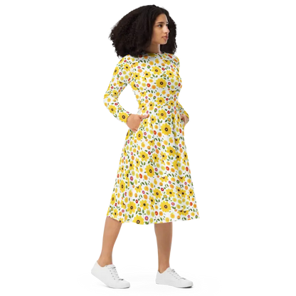 Sunshine Yellow Floral Long Sleeve Midi Dress Magic - Dresses