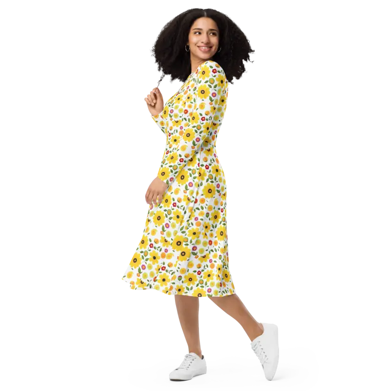 Sunshine Yellow Floral Long Sleeve Midi Dress Magic - Dresses