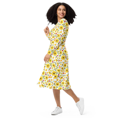 Sunshine Yellow Floral Long Sleeve Midi Dress Magic - Dresses