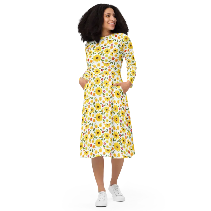 Sunshine Yellow Floral Long Sleeve Midi Dress Magic - Xs Dresses