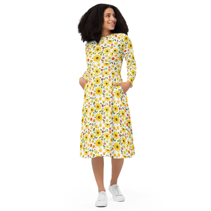 Sunshine Yellow Floral Long Sleeve Midi Dress Magic - Xs Dresses