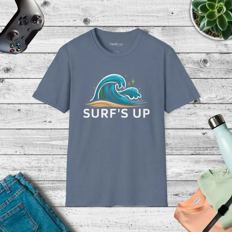 Catch Waves in Cozy Comfort with our Unisex Surf’s Up Tee - Heather Indigo / s T-shirt