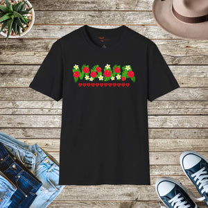 T-shirt, Retro Floral Row Graphic Tee (red & Green Hearts) - Black / s