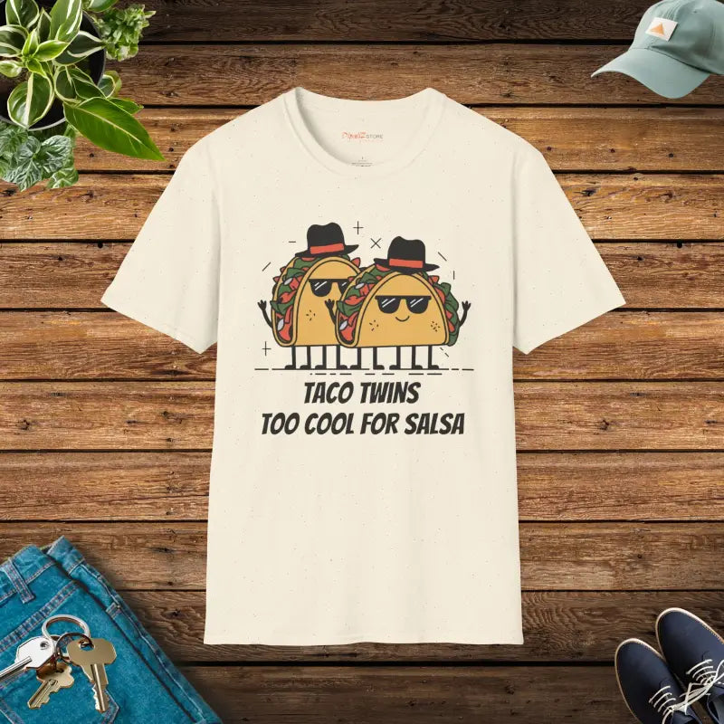 Taco Twins Outrageous Unisex Tee: too Cool for Salsa Style - Natural / s T-shirt