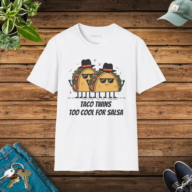 Taco Twins Outrageous Unisex Tee: too Cool for Salsa Style - White / s T-shirt