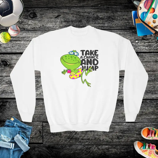 Take a Leap with Gildan Youth Crewneck Sweatshirt - White / Xs Kids Clothes