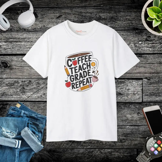 Teacher Tee: Coffee Teach Repeat in Ultra Cotton Style - White / s T-shirt