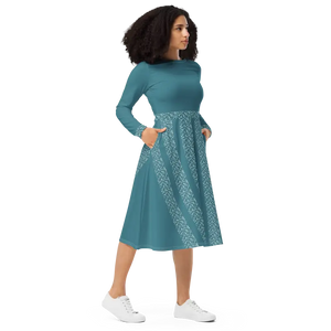 Teal Colored Printed Long Sleeve Midi Dress with Pockets - Dipaliz - Dresses