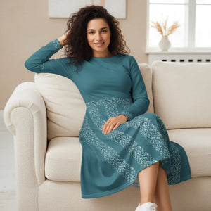 Teal Printed Long Sleeve Midi Dress Pocket - Dipaliz - Dresses - Xs