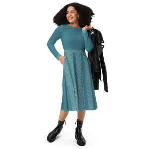 Teal Colored Printed Long Sleeve Midi Dress with Pockets - Dipaliz - 2xs - Dresses