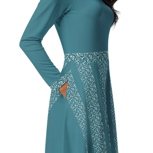 Teal Colored Printed Long Sleeve Midi Dress with Pockets - Dipaliz - Dresses