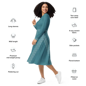 Teal Colored Printed Long Sleeve Midi Dress with Pockets - Dipaliz - Dresses