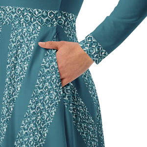 Teal Colored Printed Long Sleeve Midi Dress with Pockets - Dipaliz - Dresses