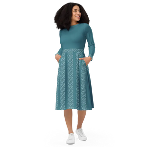 Teal Colored Printed Long Sleeve Midi Dress with Pockets - Dipaliz - Dresses