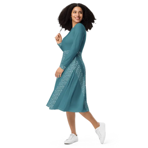 Teal Colored Printed Long Sleeve Midi Dress with Pockets - Dipaliz - Dresses