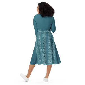 Teal Colored Printed Long Sleeve Midi Dress with Pockets - Dipaliz - Dresses
