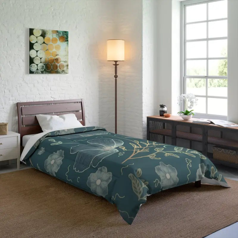 Teal Comforter with Delicate Flowers for Cold Day Snuggles - 68’’ × 92’’ Home Decor