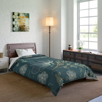 Teal Comforter with Delicate Flowers for Cold Day Snuggles - 68’’ × 92’’ Home Decor