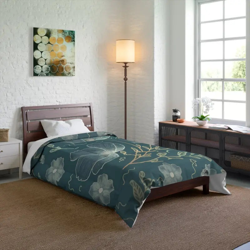 Teal Comforter with Delicate Flowers for Cold Day Snuggles - 68’’ × 88’’ Home Decor