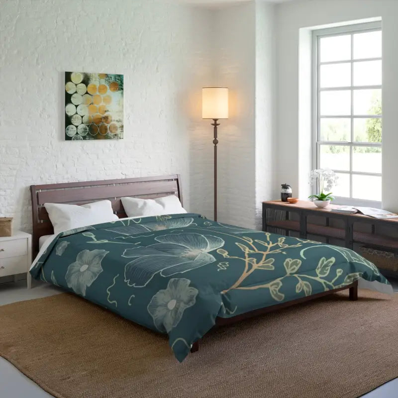 Teal Comforter with Delicate Flowers for Cold Day Snuggles - 88’’ × Home Decor