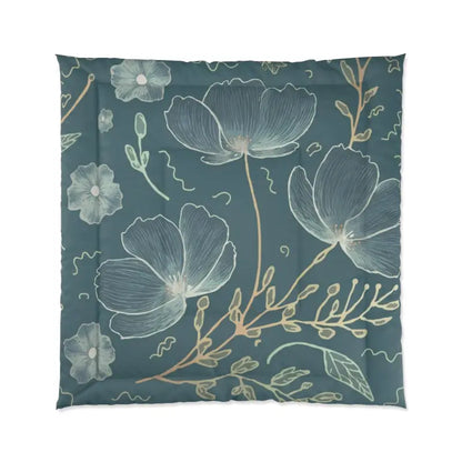 Teal Comforter with Delicate Flowers for Cold Day Snuggles - Home Decor