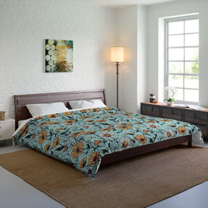 Teal Comforter with Bold Orange Flowers - Dipaliz - 104’’ × 88’’ - Quilts & Comforters