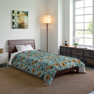 Teal Comforter with Bold Orange Flowers - Dipaliz - 68’’ × 88’’ - Quilts & Comforters