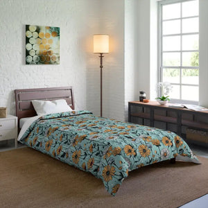 Teal Comforter with Bold Orange Flowers - Dipaliz - 68’’ × 92’’ - Quilts & Comforters