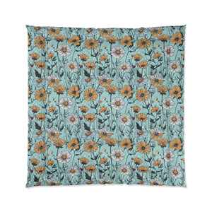Teal Comforter with Bold Orange Flowers - Dipaliz - Quilts & Comforters