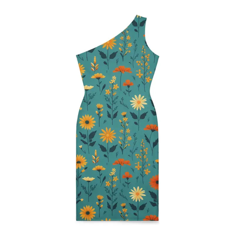 Dazzle in Teal: One-shoulder Wild Flowers Dress - Dresses