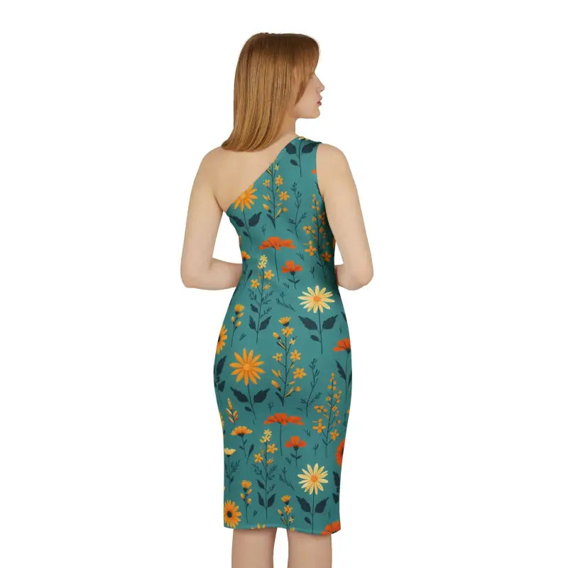 Dazzle in Teal: One-shoulder Wild Flowers Dress - Dresses