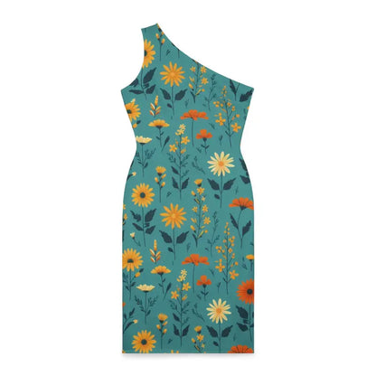 Dazzle in Teal: One-shoulder Wild Flowers Dress - Dresses