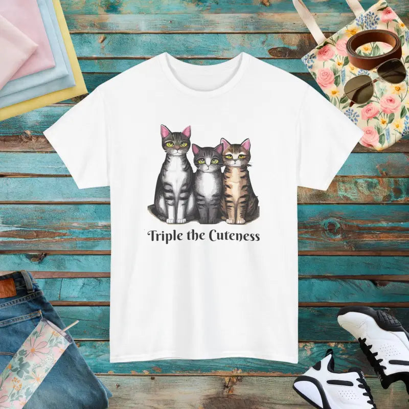 Triple Cat Cuteness Unisex Deluxe T-shirt - White / s T-shirt