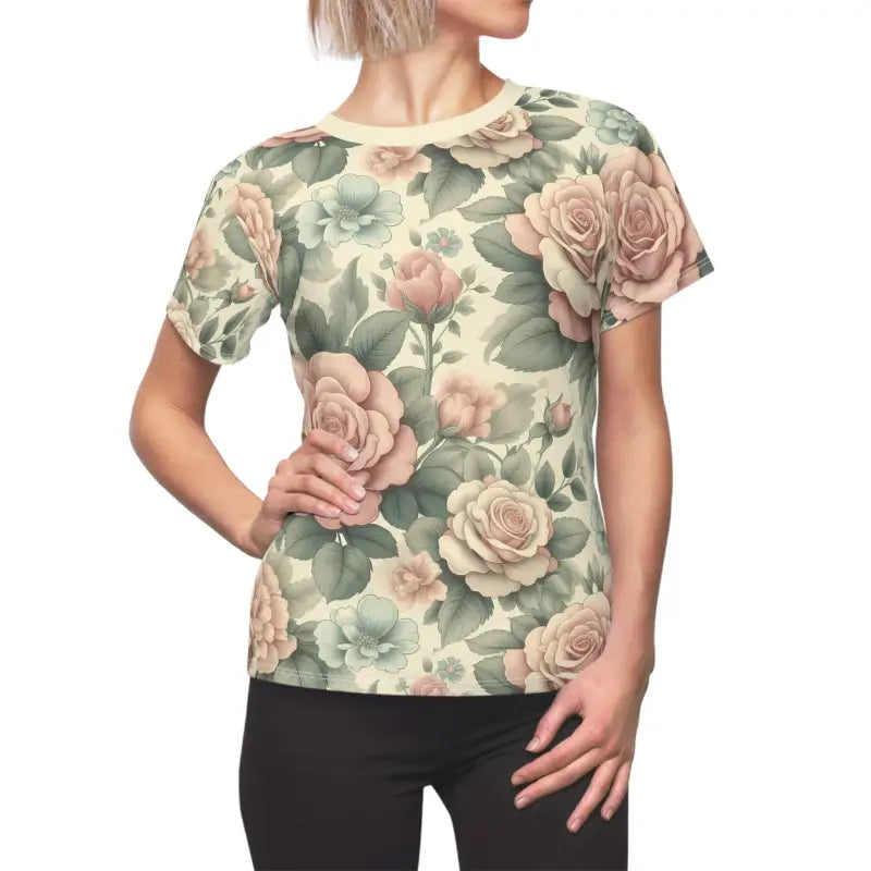 Elevate your Style with Women’s Pastel Roses Aop Sew Tee - Xs / White Stitching / 4 Oz. T- Shirts