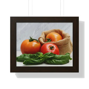 Framed Horizontal Poster Fresh Tomatoes Basil Leaves Art Dipaliz - 14″ × 11″ / Walnut - Posters Prints & Visual Artwork