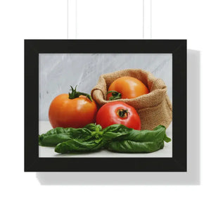 Framed Horizontal Poster Fresh Tomatoes Basil Leaves Art Dipaliz - 14″ × 11″ / Black - Posters Prints & Visual Artwork