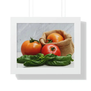 Framed Horizontal Poster Fresh Tomatoes Basil Leaves Art Dipaliz - 14″ × 11″ / White - Posters Prints & Visual Artwork