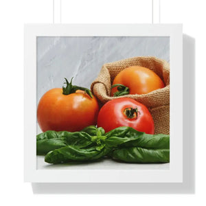 Framed Horizontal Poster Fresh Tomatoes Basil Leaves Art Dipaliz - 16″ × / White - Posters Prints & Visual Artwork